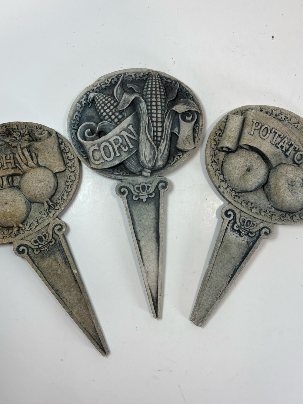 Set Of 3 Vintage Ceramic Garden Stakes/Vegetable Markers- Corn Radish Potato 9”